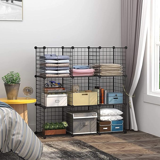 C&AHOME Wire Cube Storage - 9-Cube Organizer, Metal Grids, Modular Bookshelf, Closet Cabinet, Ideal for Home, Living Room, Office - 36.6'L x 12.4'W x 48.4'H Black