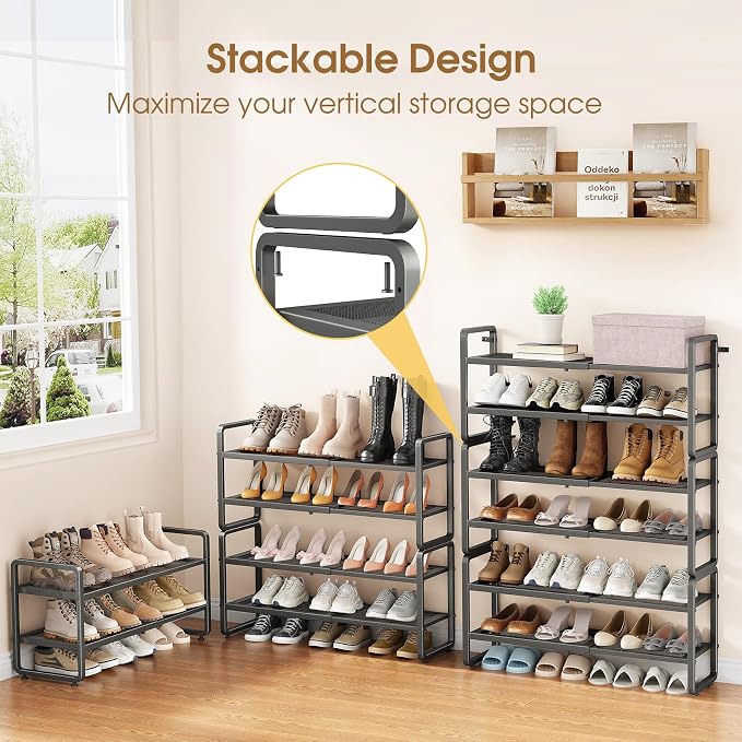 SAYZH 2-Tier Expandable Shoe Rack for Closet, Adjustable Metal Shoe Organizer with Sturdy Mesh Shelves for Boots & Heels, Stackable Shoe Storage for Entryway, Garage, Small Spaces (Grey, 2-Tier)