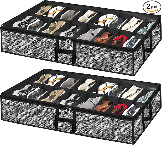 Under Bed Shoe Storage Organizer for Closet 2 Pack Fits 32 Pairs Underbed Shoes Container Boxes with Sturdy H-Handles, Foldable Shoe Rack Holder,Black