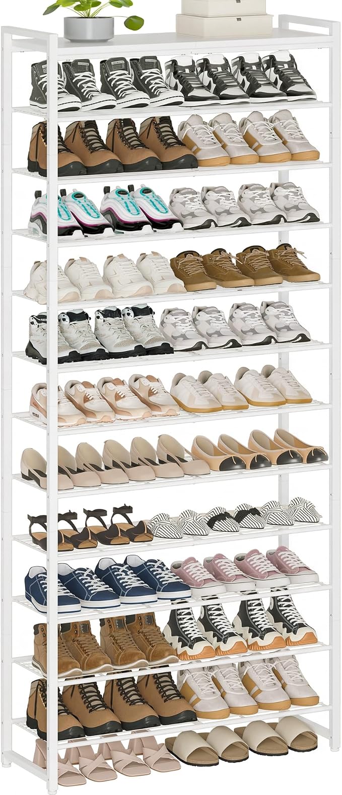 12 Tier Shoe Rack Organizer for 48-60 Pairs, Tall Metal Shoe Storage Shelf with Wood Top, Adjustable Boot Space, Narrow Design for Entryway Closet, White