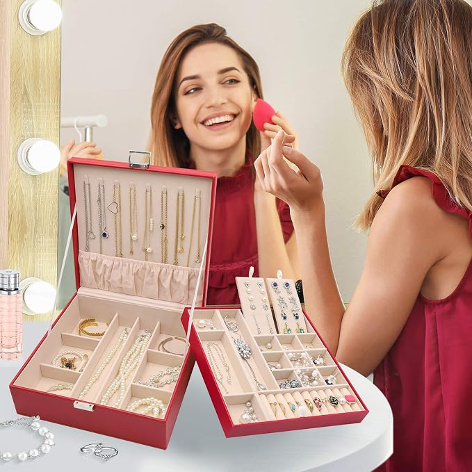 ProCase Jewelry Box for Women, 2 Layers Large Leather Jewelry Organizer Storage Case with Removable Pad for Earrings -Red