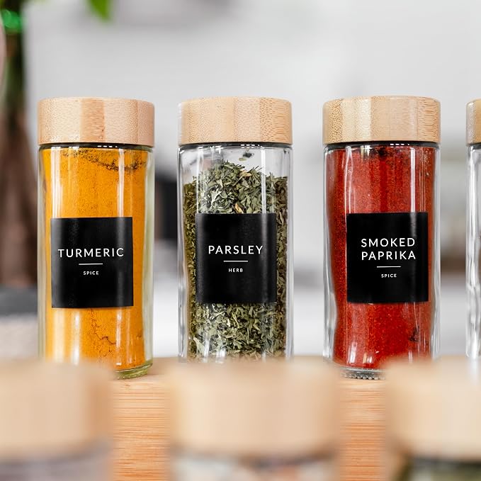 SAVVY & SORTED Glass Spice Jars with Label, 24PK Round Bamboo Jar Spices Set 4oz, 374 Spice Labels, Pepper Grinder, Empty Herb Seasoning Containers, Funnel and Shaker Lids