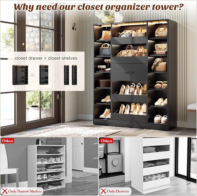 Besiost 40" Closet System with LED Lights, Wooden Closet Organizer with Drawers & Shelves, Versatile Closet Storage Tower for Walk-in Closets, Shoe Rack and Handbag Storage Cabinet, Black