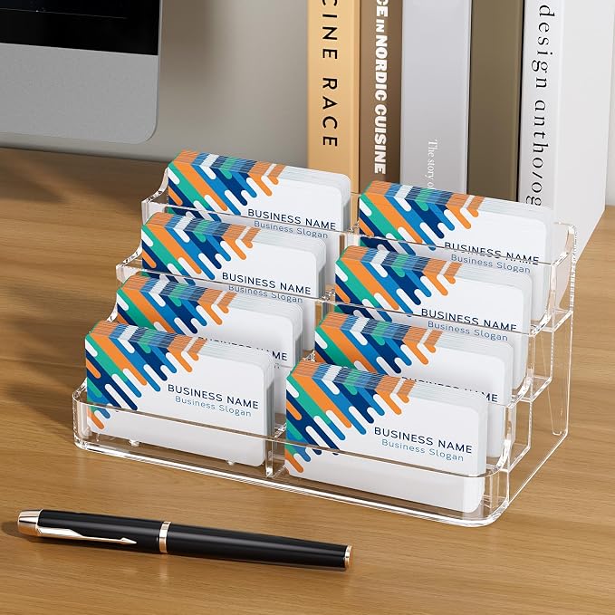 MaxGear 4 Pack Acrylic Business Card Holder, Card Display Stand, 8 Pockets | 4-Tier Freestanding Design, Clear Acrylic Construction, Fits Standard Business Cards for Reception, Office and Countertops