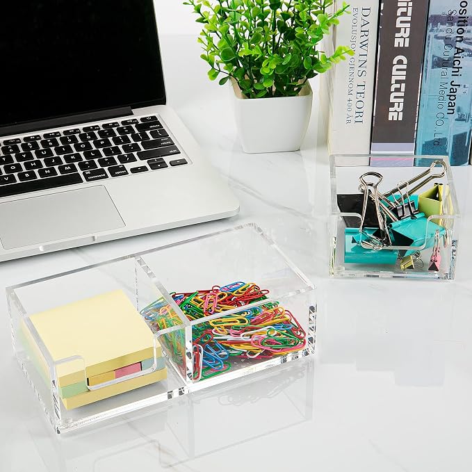 Acrylic 2in1 Sticky Note Holder Desk Organizer for 3"X3" Memo | Dual compartment layout, Compact space-saving design, Stable anti-slip base,Multi-scene daily storage