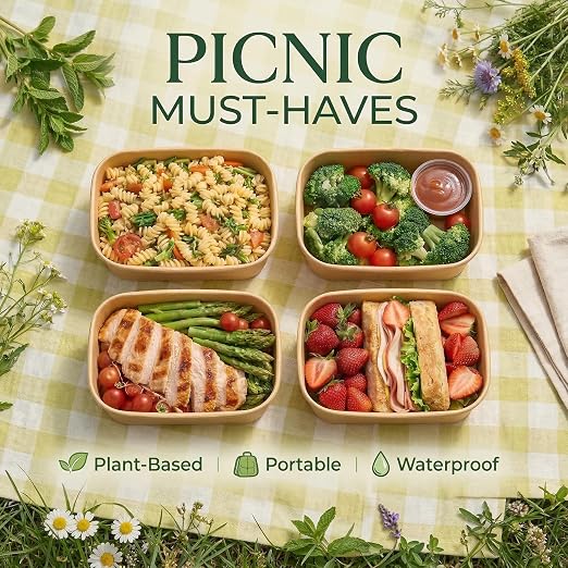 TOPtoper 50 Pack 25 OZ Disposable Meal Prep Containers with Lids and Forks, Large Kraft Paper Bowls for Party, Disposable Food Containers with Lids, Freezer and Microwave Safe Meal Prep Containers