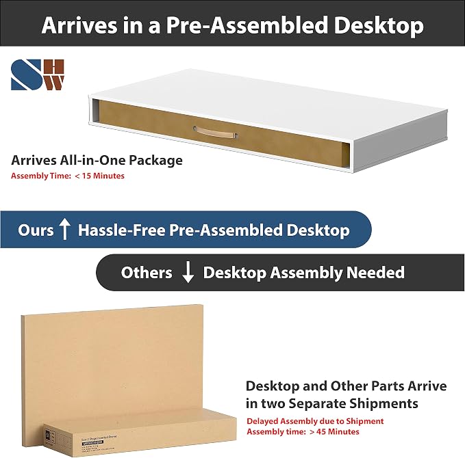 SHW 48-Inch Electric Height Adjustable Desk w/Keyboard Tray, White | w/ 2 Drawers | Memory Presets and Cable Management | Hanging Hooks
