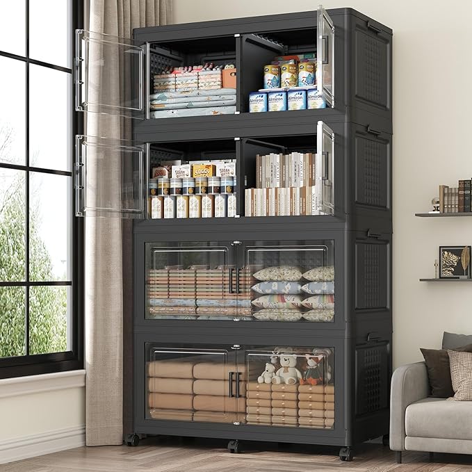160GAL Extra Large Storage Bins with Lid, 640Qt Stackable Closet Organizers and Drawers, Collapsible Storage Bins with Wheels, Folding Containers for Home, Kitchen Office, 4Pack Black