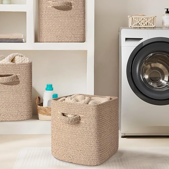 12 Inch Storage Cubes, 3 Pack Cube Storage Bins for Organizing, Cotton Rope Woven Baskets for Shelves, Bathroom, Kids Room, Closets, Baby Nursery