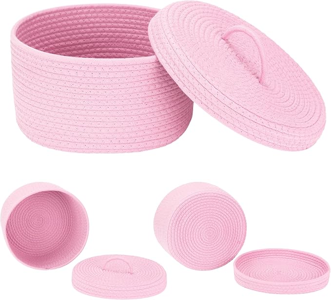 Sea Team Round Cotton Rope Storage Basket with Lid, Lidded Woven Storage Bin, Nursery Storage Container, Diaper Caddy, Baby Shower Basket, Box, Organizer, 11.8 x 11.8 x 6.7 Inches (Medium, Pink)