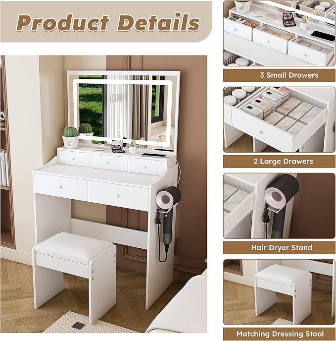 Small Makeup Vanity Desk with Large Mirror and Lights, Vanity Table with 5 Storage Drawer & Open Shelves, 3 Lighting Colors,LED Mirror Adjustable Brightness White Makeup Vanity