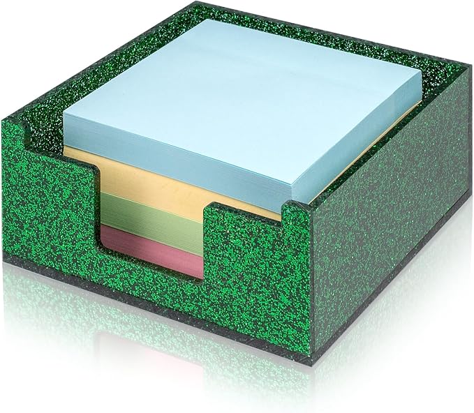 Acrylic Sticky Note Holder 4x4in Tray for Desk, Green Glitter | Sparkling glitter acrylic tray, fits 3x3 sticky notes, compact organizer for office school and home