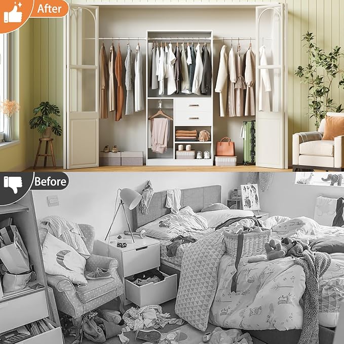 39.4"-118" Extra Wide Closet System with 2 Expandable Rods, Walk-in Closet Organizer with 2 Drawers and Retractable Hidden Rod, Modern Wood Built-in Closet Kit for Long Coats & Dresses, White