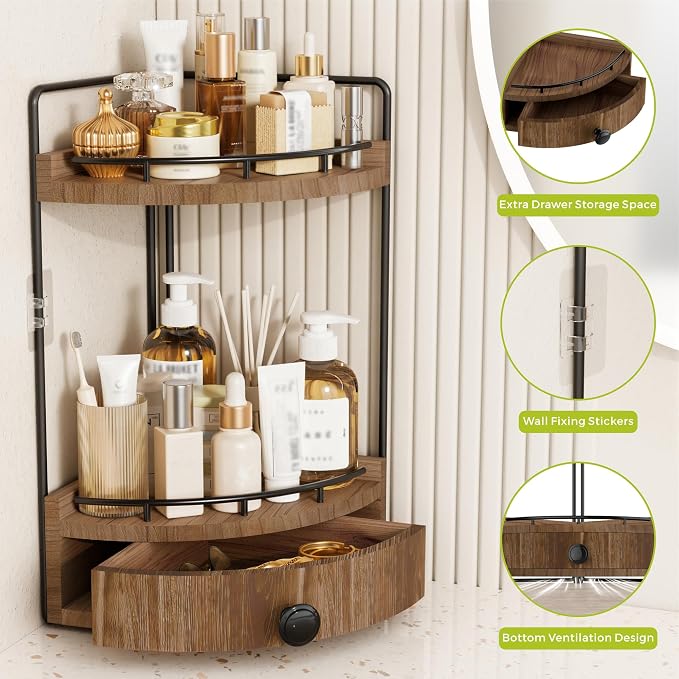2-Tier Corner Bathroom Counter Organizer with Drawer, Dark Brown | Embedded Screw Holes, Wooden Countertop Organizers, Space-Saving, Bottom Ventilation Design, Counter Shelf for Vanity