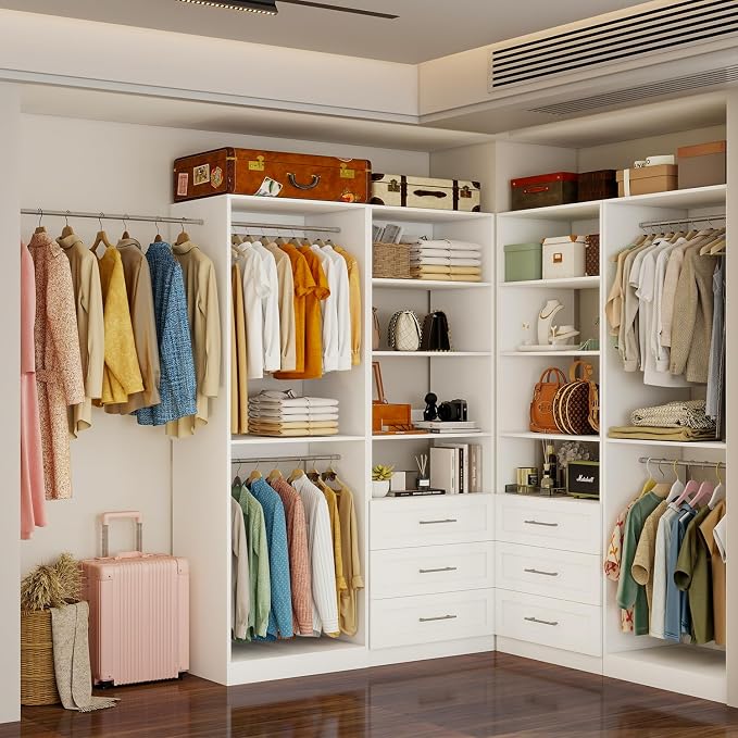 Closet System of 2 Sets with 3 Drawers & 4 Shelves & 4 Hanging Rods, 4FT-10FT Closet Organizer System, Walk in Closet, Modular Closet System White (4FT)