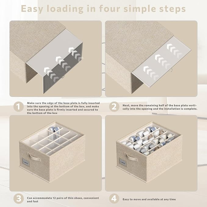 2 Pack Shoe Organizer for Closet, Fits 16-32 Pairs Fabric Shoe Storage Bins Large Shoe Box Storage Containers with Bottom Support for Shoes Space Saving Shoes Holder (Beige, 19.7*15.7*11.8in)
