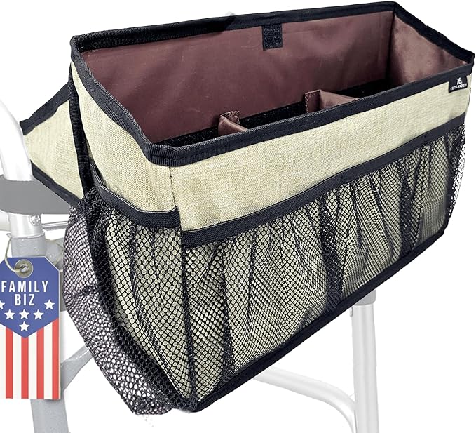 Walker Basket for Folding Walker with Flip-Down Walker Tray | Handy Cane/Reacher Strap & Cup Holder | Walker Bags for Folding Walker with Wheels, Organizer for Walker Accessories for Walker Caddy-SAND
