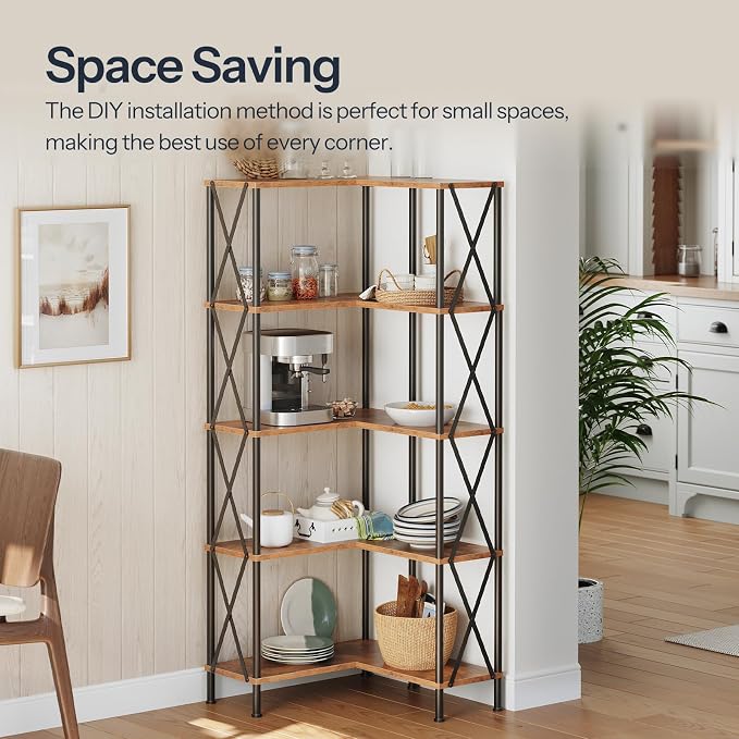 HOOBRO Corner Bookshelf, 5-Tier L-Shaped Bookcase, Industrial Open Display Shelf Tall Storage Organizer, Vertical Storage Rack, for Living Room, Home Office, Rustic Brown and Black BF60SJ01