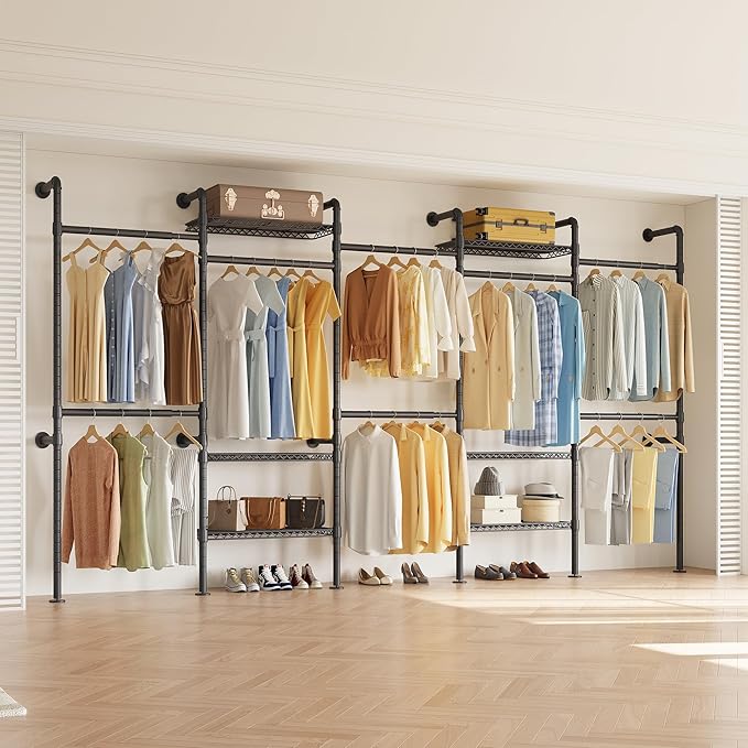 Higeego W5 Industrial Clothes Rack, Clothing Rack for Hanging Clothes, Heavy Duty Wall Mounted Closet System Black Expandable Garment Racks, Sturdy Steel Pipe Wardrobe Closet, 1300LBS Load 9' to 12'9"
