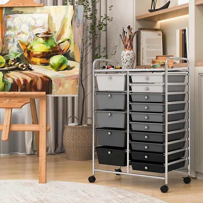 COSTWAY 15 Drawer Rolling Storage Cart, Mobile Storage Organizer | Removable Drawers & Metal Frame, Multipurpose Utility Tools Paper Organizer on Wheels for Home, Office (Mixed Black)