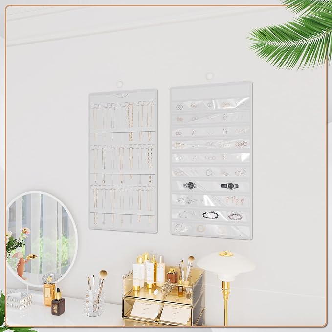 Hanging Jewelry Organizer, Double-Sided Necklaces Holder, White | 42 clear pockets organize rings & earrings; 36 wire necklace hooks reduce tangles; top hook hangs in closets, walls or doors.