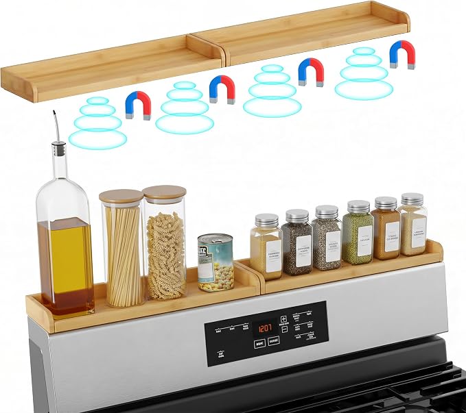 Magnetic Stove Top Shelf 30 Inch – Over the Stove Spice Rack Organizer for Flat Top Stoves, Strong Magnetic Bamboo Kitchen Shelf, Space Saving Stove Top Storage Rack, Tool-Free Installation, Natural