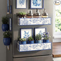 Beeveer 2 Pack Blue White Floral Magnetic Spice Rack for Refrigerator Chinoiserie Metal Fridge Magnet Shelf Basket Seasoning Storage Organizers Coastal Farmhouse Kitchen Decor and Accessories