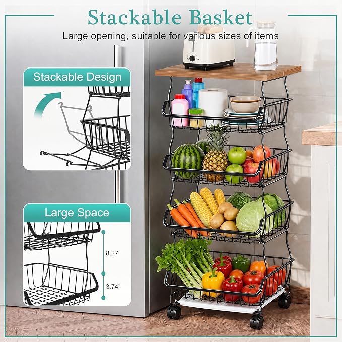VECELO 5-Tier Fruit Basket with Wheels, Fruit and Vegetable Storage Cart for Kithchen, Stackable Produce Organizer Wire Baskets for Kitchen, Pantry, Living Room