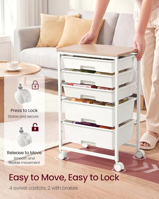 VASAGLE 5-Drawer Rolling Storage Cart, Mobile Organizer Trolley with Wood Top and Metal Frame, for Craft Room, Office, 15.6 x 11.2 x 24.8 inch, White, Benco Collection ULRC005W101