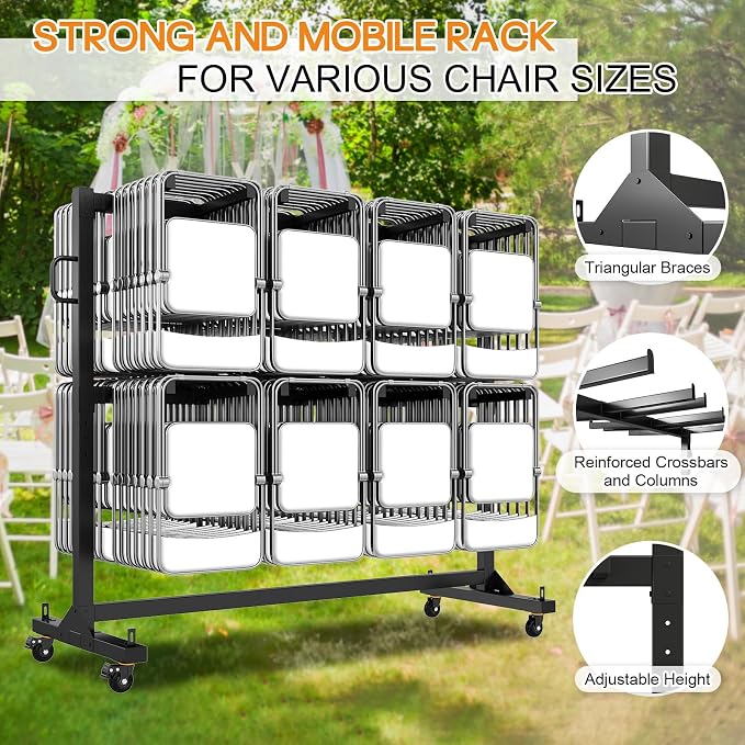 Specraft Folding Chair Rack, Holds 12 Tables or 112 Chairs, 1250 lbs Capacity, Heavy-Duty Cart with Wheels, Elastic Cords, Cover, Glossy Black