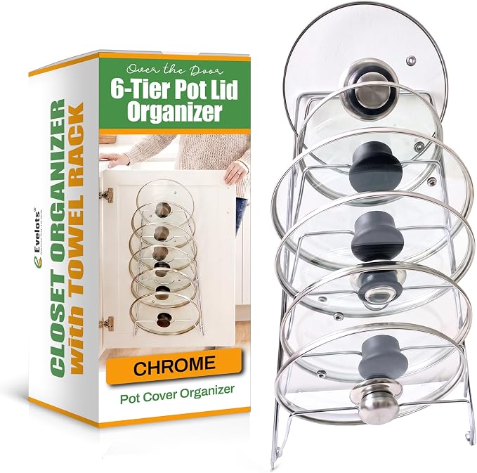 Evelots 6-Tier Pot Lid Organizer for Cabinet Door or Pantry Wall, 6-Slot Pots and Pans Lid Holder Rack, Kitchen Cabinet Storage Organizer for Glass & Metal Pan Covers, Chrome Finish, 1 Pack