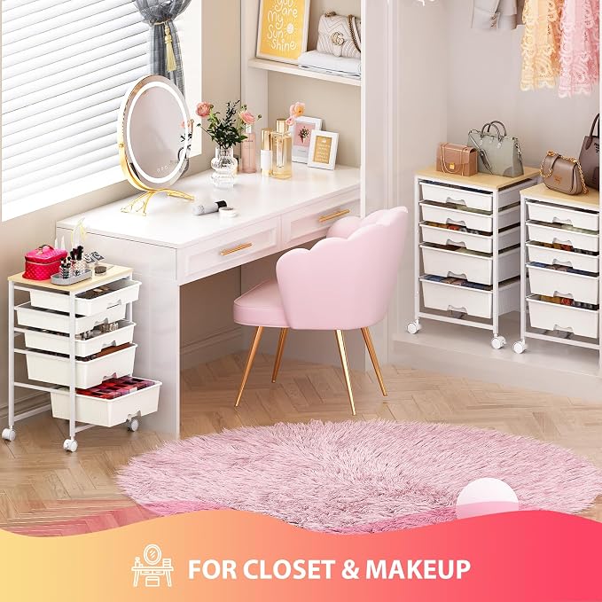 Goovilla Rolling Cart with Drawers, Utility Cart Organizer With 5 Removable Drawers and Wooden Tabletop, Lockable Rolling Storage Organizer for Art, Classroom, Home, Dorm, Office, Craft Storage, White