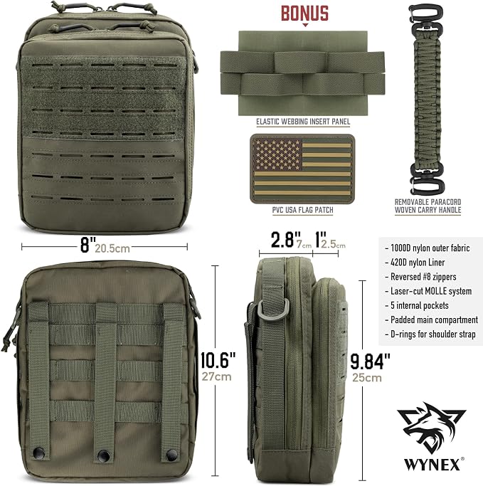 WYNEX Tactical Molle Admin Pouch, Molle Pouches of Double Layer Design | Utility EDC Pouch Organizer, Modular Tool Pouch, Medical EMT Attachment Bag,Large Capacity, Elastic Webbing Insert Panel