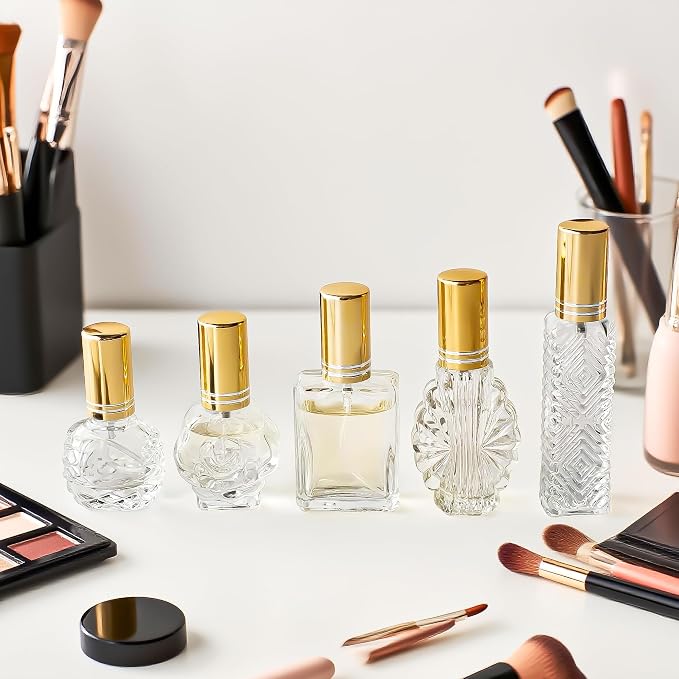 5 Pcs Vintage Glass Empty Perfume Bottles Refillable with Spray | Vintage Empty Perfume Bottles with Fine Mist Spray Refillable Set of 5 for Travel Vanity Home Office Wedding Party Decor