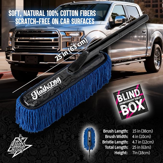 Flash Dog Car Duster Exterior - 25" Wood Handle Wax Cotton Hair Scratch Free Cleaning for Cars/SUV/Truck/RV Roofs & Windshields | Waterless Dust & Pollen Remover