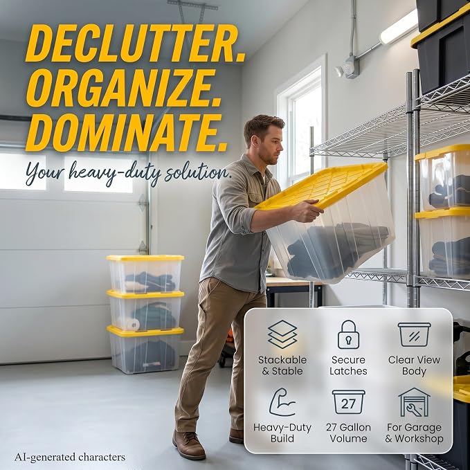 Large Industrial Storage Bins with Lids, 27 Gallon Clear Plastic Tote for Garage & Basement, Heavy Duty Stackable Totes for Storage and Organization, Yellow, 4-Pack