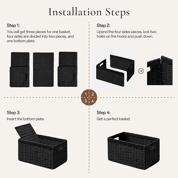 joybest Black Wicker Baskets for Shelves, 13.4L x 8.3W x 7.1H inch Hand-woven Storage Baskets for Pantry Organizing, Foldable Rectangular Bin with Handles, 2-pack