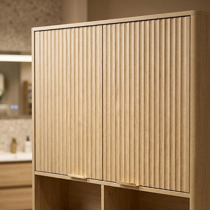 AKMAKM 31''W Over the Toilet Storage Cabinet with Fluted Door, Oak Bathroom Organizer with Adjustable Shelf, 67''H Tall Natural Toilet Paper Holder Stand Wave Door for Restroom, Laundry Room