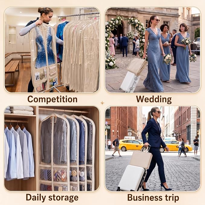 Tranqun 2 Pack 65" Long Wedding Garment Bags for Gowns 4" Gusseted Clear Dress Travel Bag for Hanging Clothes Foldable Wedding Dress Cover with 4 Zipper Pockets for Closet Storage and Travel (Khaki)