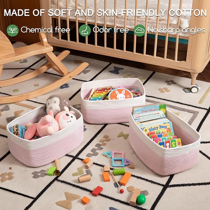 OIASKET Storage Baskets for Organizing 3 Pack, Woven Baskets for Shelves, Closet Organizer Bins Empty Gift Basket Toy Storage for Toys, Books, Towels, Clothes, 15"x11.42"x6.7", Pink
