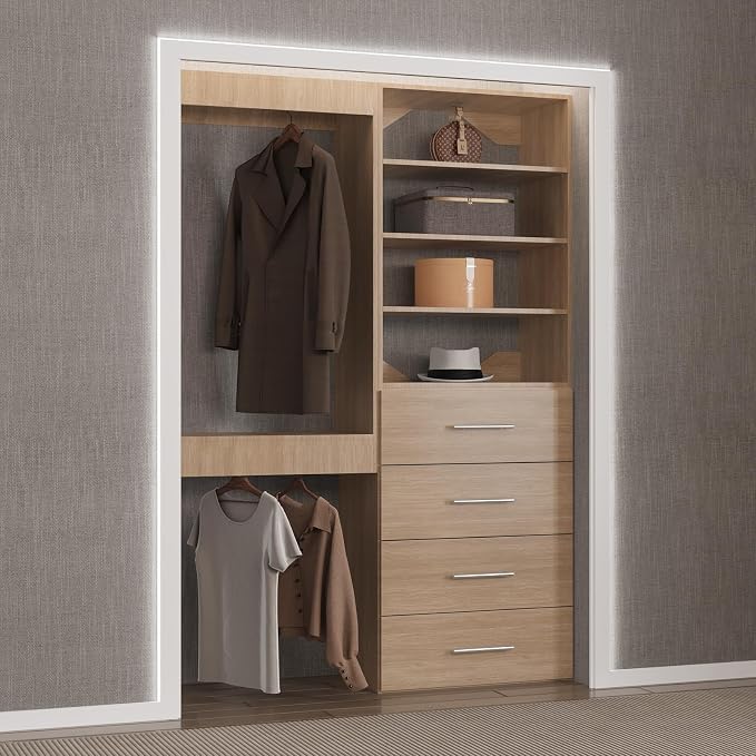 Modular Closet System, 52" Wide Closet Organizer System with Tower and Drawers, Wood Tower Closet Storage for Walk In Closets, Wall Mounted Wardrobe Organizer Kit System, Bedroom, Wood