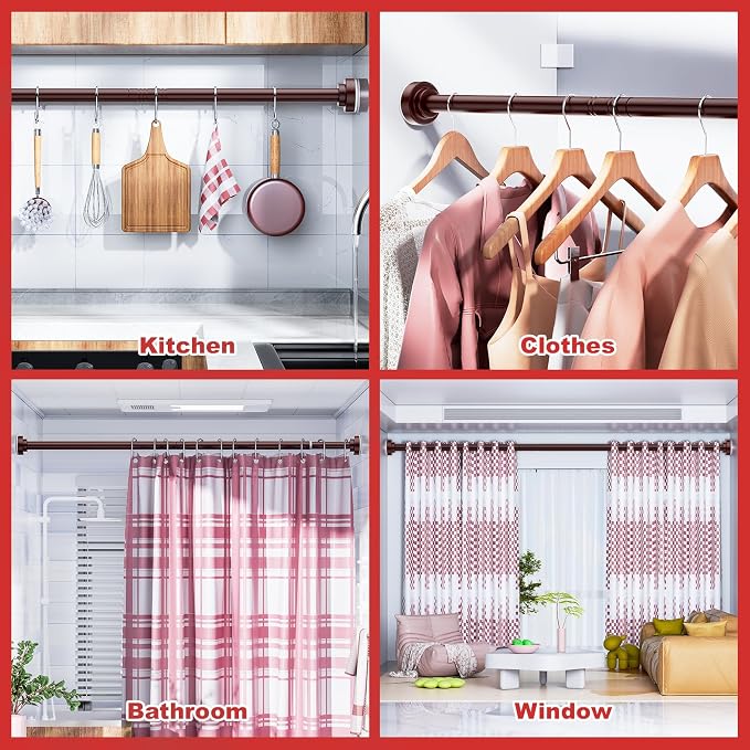 Ausemku Shower Curtain Rod - 32-68 Inch Rustproof Tension Rod, Non-Slip Spring Design, No Drilling Adjustable Curtain Rod for Bathroom, Kitchen, and Closet（Brown）