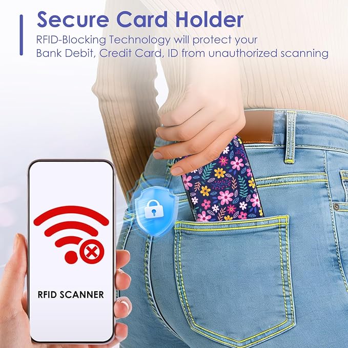 Credit Card Holder Small, Cute Floral Flowers RFID Blocking Wallet Business Travel Metal Slim Mini Aluminum Hard Case for Women Men
