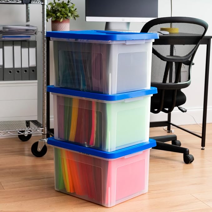 IRIS USA 3-Pack 35 Qt. Letter/Legal File Box with Lid, Clear/Blue | Protect important documents, letter and legal files with secure storage for home offices, moving, and long-term organization
