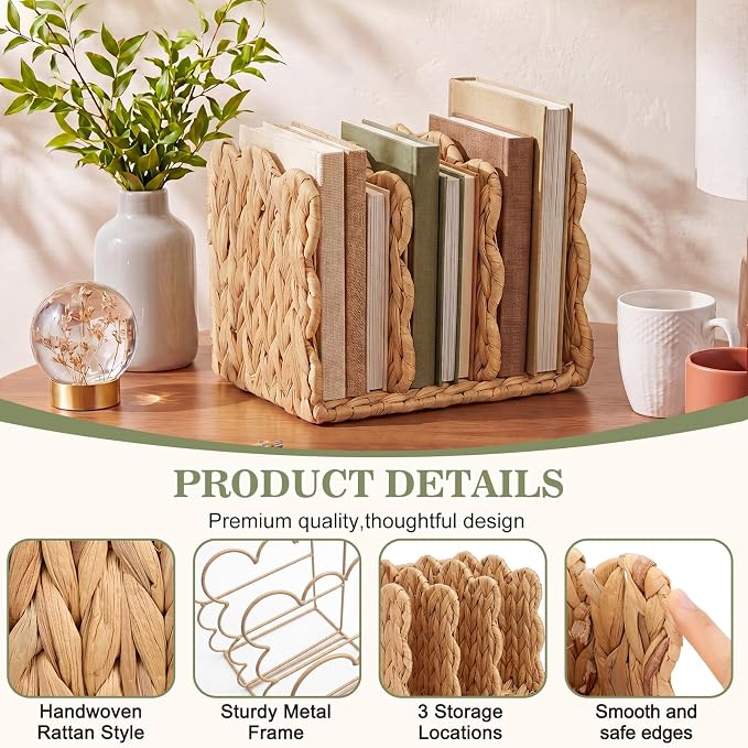 Novabright Scalloped Water Hyacinth Magazine Holder, Wicker Rattan File Organizer, 3 Vertical Compartments Desktop Paper Sorter for Binders, Notebooks, Envelopes, Woven Boho Office Desk Organizer