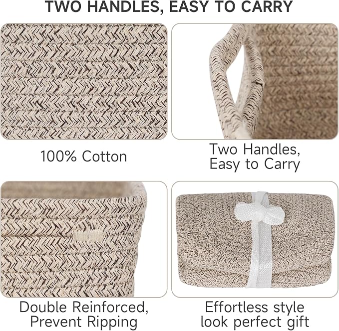 3-Pack Storage Baskets for Organizing | Woven Shelf Toy Basket | Rope Baskets for Gifts Empty | Closet Organizer Bins with Handles | Cube Decorative Box | 13.7×7.1×6.7” | Mixed brown