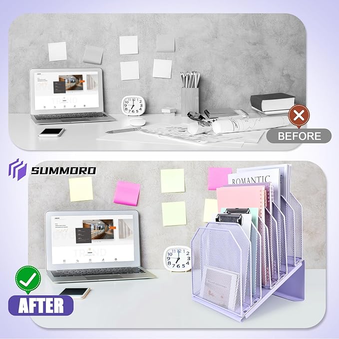 SUMMORO Inclined File Organizer for Desk, 7-Tier Vertical File Folder Holder Office Desk Organizer Metal Rack File Wire Mesh Desktop Document Sorter for Office School Classroom Home (Purple)