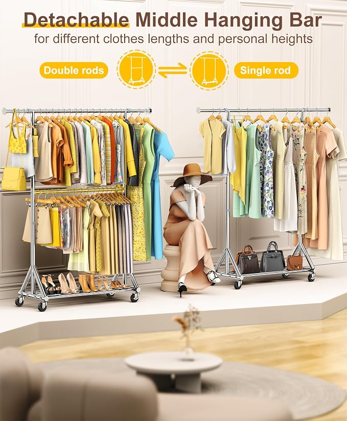 100% Stainless Steel Heavy Duty Clothes Rack Load 860 LBS, Two Tier Rolling Garment Rack with Wheels, Adjustable Double Rod Clothing Rack for Hanging Clothes, Closet Rack for Storage and Organization