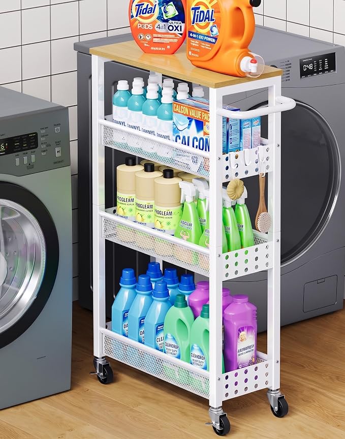 Slim Rolling Storage Cart, Laundry Room Organization and Storage Shelves for Between Washer and Dryer, Narrow Shelf Unit for Small Spaces, 4 Tier Thin Organizer Carts with Wheels for Bathroom, Kitchen