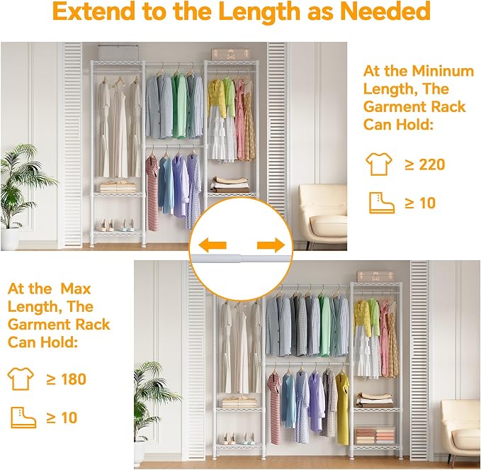 Higeego H10 Expandable Clothes Rack Clothing Rack for Hanging Clothes, Heavy Duty Garment Rack, Freestanding Wardrobe Closet Organizer with Hanger Rods, Extendable from 4.6 to 5.1 ft, White